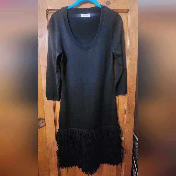 Calvin Klein Black Fringed Sweater Dress, 16" pit to pit, waist 28" & hip 32" - Picture 1 of 3